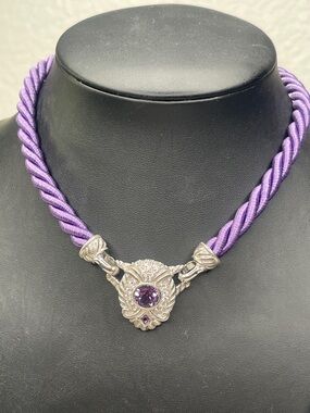 Judith Ripka Amethyst Pendant Purple Satin Cord Sterling Necklace